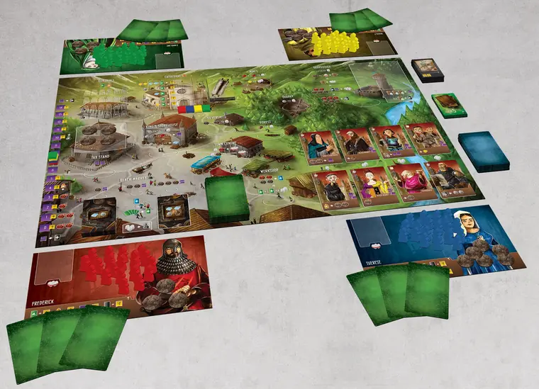 La partida montada, con tableros de jugador y cartas