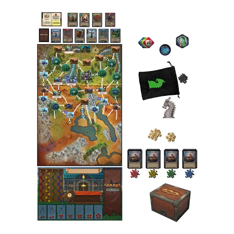 El tablero, las cartas, la bolsa del dragón y el cardporium
