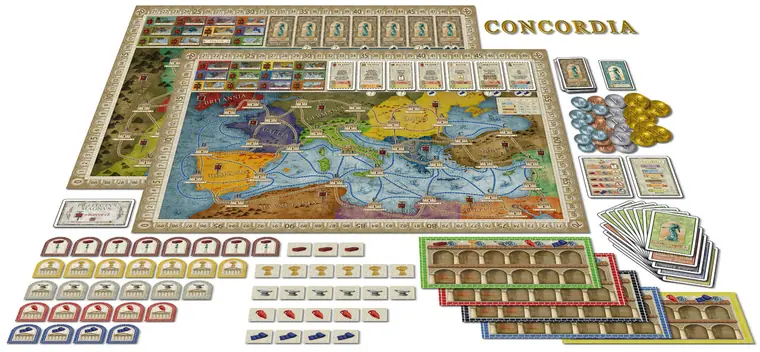 Todo el material: tablero, almacenes, cartas y fichas
